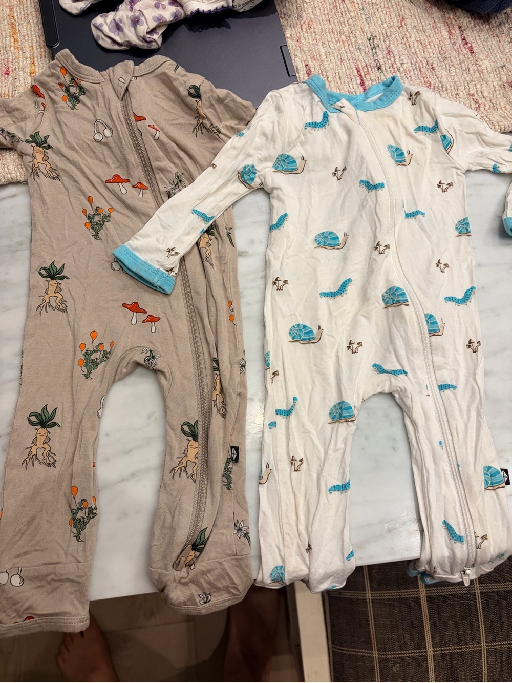Kyte Baby Zipper Rompers in Beige and White with Turtle & Mushroom Prints